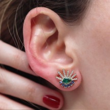 Renkli Taşlı Gold Kaplama Göz Gümüş Küpe Gümüş