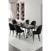 Canisa Kaye Serisi Mdf 90x168 Siyah Mermer Desen Mutfak Masası Takımı 6 Siyah Sandalye Masa Siyah Mermer Desen Sandalye Siyah