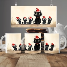 Yeni Yıl Temalı Siyah Kedi Desenli Kupa Bardak Noel Şapkalı Kediler Tasarımı - Yılbaşı Hediye Beyaz