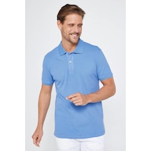Tudors Erkek Slim Fit Dar Kesim %100 Pamuk Düz Pike Mavi Polo Yaka Tişört-30547-mavi Mavi