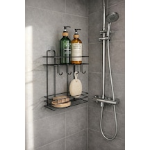 Lüks Siyah Metal 2 Katlı Banyo Rafı Şampuanlık Ve Duş Rafı Askılı Yapışkanlı Duvara Monte Tş-02 Siyah