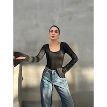 Msm Fashion Kadın Bluz İspanyol Kol Dikiş Ve Bağlama Detaylı Sırt Dekolteli U Yaka Bluz Siyah