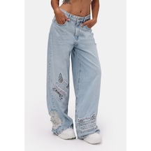 Kadın Ice 12s6-3 Süper Baggy Özel Nakışlı Tasarım Denim Jean Buz Mavi