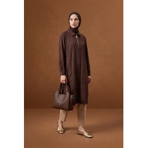 Armine Trend Fermuar Ve Yan Düğme Detaylı Yakalı Uzun Tunik 111 Cm Boy Kahverengi 26yt447
