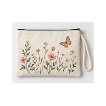 Kelebekli Kır Çiçekleri Baskılı Fermuarlı Makyaj Çantası Bozuk Para Cüzdanı Clutch Model 01286