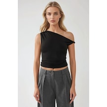 Hiccup Asimetrik Yaka Off-shoulder Slim Fit Üst Siyah