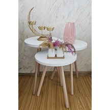 3'lü Zigon Sehpa Seti Saksılık Ve Çiçeklik Standı, Dekoratif Yan Sehpa Ahşap Ayaklı 33 Cm Çap - Beyaz Beyaz