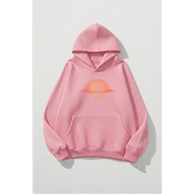 Uyguntarz Unisex Yumuşak Dokulu Çizgi Saturn Baskılı Tasarım Oversize 3 İplik Hoodie Sweatshirt Pembe