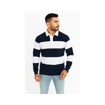 Erkek Polo Yaka Uzun Kollu Çizgili Sweatshirt Trend Rugby Stil - Lacivert Siyah