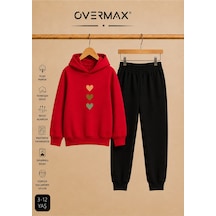 Overmax Çocuk Sevimli Kalpler Baskılı Kapüşonlu Sweatshirt & Eşofman Altı Takım 3-12 Yaş Kırmızı Üst-siyah Alt - 918536770 Kırmızı Üst-siyah Alt