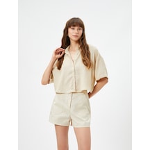 Koton Crop Kısa Kollu Gömlek Düğmeli Rahat Kesim Bej 3sak60497pw 3SAK60497PW063 Ekru