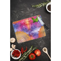 Mavi Turuncu Mandala Desenli Cam Kesme Tahtası 30 Cm X 40 Cm