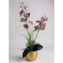 Yapay Çiçek Mor Islak Orkide Gold Metal Saksıda Saksıda Orkide 50cm