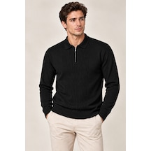 Cool Tarz Erkek Polo Yaka Yarım Fermuarlı Önü Fitilli Slim Fit Akrilik Pamuk Triko Kazak Siyah Siyah