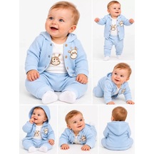 Veraura Lifestyle 0-12 Ay Zürafa Nakışlı Kapşon Hırkalı Kısa Kol Bady Bebek Takımı Mavi