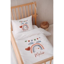 %100 Pamuk Saten Isme Özel Isimli 100x150 Bebek Yatak Nevresim Seti Kalpli Gökkuşağı