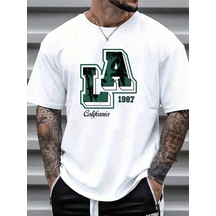 T-shirt - La 1987 Baskılı Oversize Bisiklet Yaka Kısa Kol Tişört Beyaz