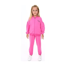 Toontoy Kids Toontoy Kız Çocuk 2'li Takım Baskılı Kolej Yaka Fermuarlı Cepli Sweatshirt & Beli Paçası Lastikli Cepli Jogger Eşofman Altı - 2 İplik Fuşya