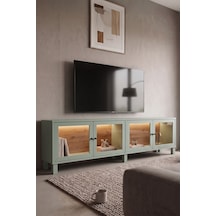 Robin Home Prime Temperli Cam Kapaklı Neon Led Işıklı Tv Ünitesi Tv Sehpası Vitrin Ahşap Ayaklı Sepet-ıhlamur Yeşili Yeşil