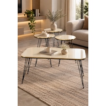 Sulorahome Siyah Tel Ayaklı Krem 4'lü Sehpa Seti