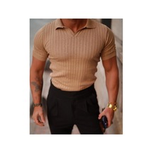 Cool Tarz Erkek Fitilli Polo Yaka Triko T-shirt Kahverengi Kahverengi