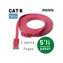 Irenıs 5 Adet 3 Metre Fuşya Cat6 Kablo Yassı Ethernet Network Lan Ağ İnternet Kablosu