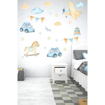 MSticker Pastel Tonlarda Araba, Uçak, At Figürleri Çocuk Bebek Odası Sticker