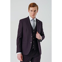 İmza Gabardin Kırlangıç Yaka Yelekli 6 Drop Slim Fit Klasik Takım Elbise 1001240187- Mürdüm