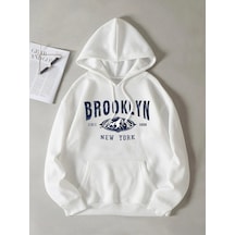 Startmore Unisex Beyaz Brooklyn Baskılı Kapüşonlu Sweatshirt Beyaz