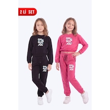 Panios Kids 2'li Kız Çocuk Bisiklet Yaka Kısa Kesim Baskılı Çift Cepli 4 Parça Eşofman Takımı Siyah-fuşya