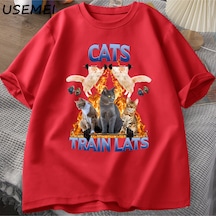 Flood Of Style Kedi Tren Lats Graphci T Shirt Komik Spor Adam Giysileri Tshirt Boy Rahat Pamuk Kısa Kollu Ti Kırmızı