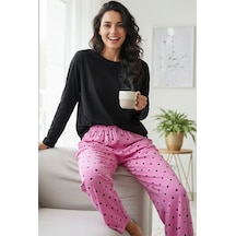 Siyah İnci Pamuklu Örme Pijama Takım 7975 Pembe Siyah Kalp Puan
