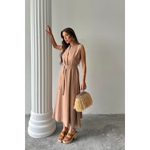 Keten Elbise Kolsuz Bel Bağlamalı Maxi Elbise - Kahverengi Çok renkli