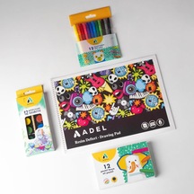 Adel 4'lü Boyama Seti + Resim Defteri 25x35, 12 Renk, Keçeli Kalem, Kuru,pastel Ve Sulu Boya, Fırça Dahil