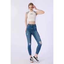 Skınny Cep Kapalı Dizler Lazerlı Paça Kesik Denim Pantolon-mavi Mavi