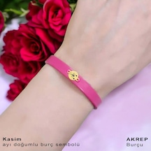 Archin Akrep Burçlarına Yuvarlak Motifli Pembe Derili 14 Ayar Altın Plakalı Hediye Bileklik-394burç Akrep