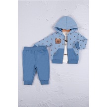 Babydonat Persona Bear Nakışlı Pamuk 3'li Erkek Bebek Takım Mavi