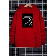 Unisex Metalica Baskılı Oversize Sweatshirt Kırmızı