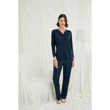 Ang Butik Kadın Uzun Kollu Boydan Düğmeli V Yaka Pijama Takımı Gece Mavisi