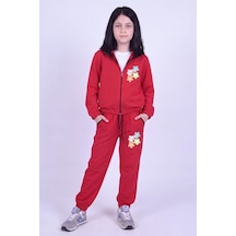 Panios Kids Kız Çocuk Sweet Heart Baskılı Dik Yaka Çift Cepli Fermuarlı Eşofman Takımı Kırmızı