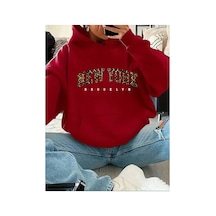Herkesemoda New York Yazı Detay Baskılı İçi Polarlı Kapüşonlu Sweatshirt Kırmızı