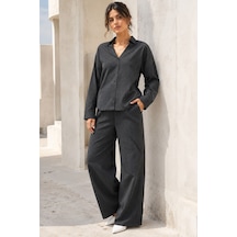 Madmext Siyah V Yaka Çizgili Gömlek Pantolon Takım Mg2852