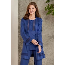 Pierre Cardin 2800 Kadın Lacivert Dantelli Penye 3'lü Sabahlıklı Pijama Takım 001