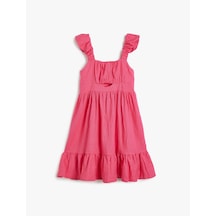 Koton Keten Elbise Askılı Fırfırlı Pencere Detaylı Kare Yaka Pembe 4skg80205aw Gül