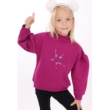 Toontoy Kız Çocuk Relax Fit Dik Yaka Düşük Omuz Kolu Büzgülü Sweatshirt - 3 İplik Şardonlu Mürdüm