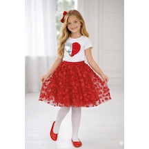 Dıgıl Kids Kız Çocuk Çiçek Ve Kalp Desenli T-shirt Etek Takım Kırmızı9