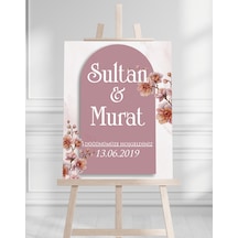 Söz Nişan Düğün İçin 50x70 Karşılama Panosu - Pembe Çiçek Tasarımlı 01 Beyaz