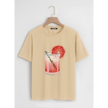 Unisex Oversize Bisiklet Yaka Orange Cocktail Baskılı Basic T-shirt - Bej Bej