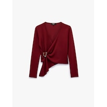 Koton Asimetrik Kesim Aksesuar Detaylı Kruvaze V Yaka Uzun Kollu Bluz Bordo 7wak80005pk