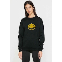 Silhouette Halloween Pumpkin Baskılı Siyah Kadın Sweashirt